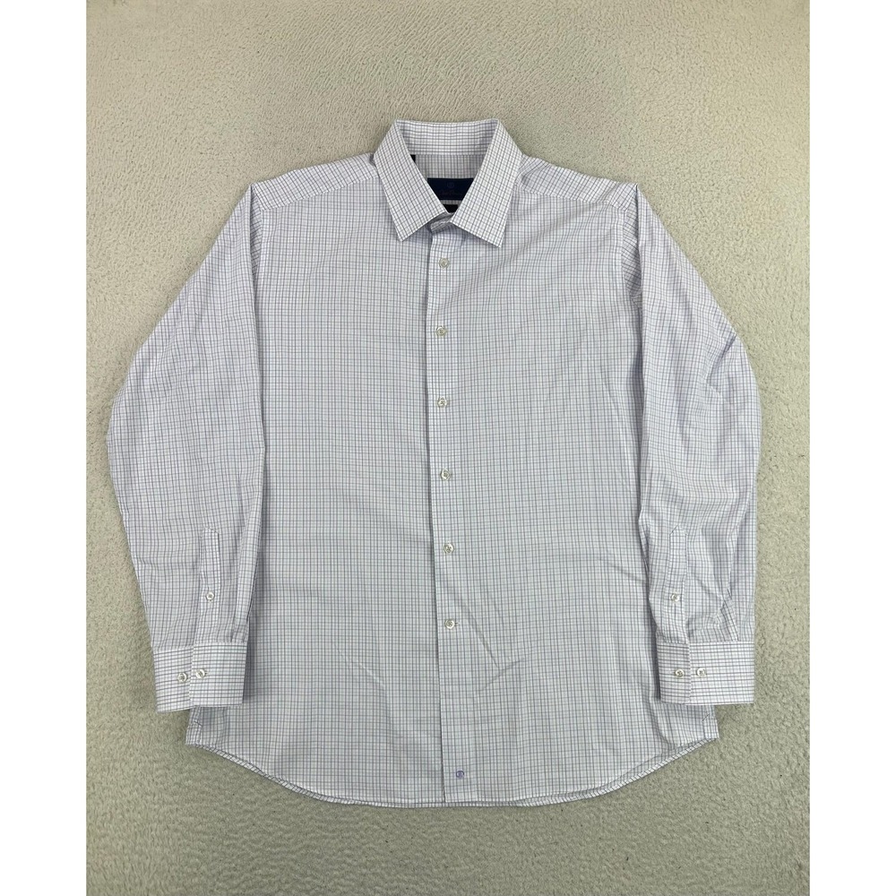 David Donahue Mens 17.5 34/35 White Check Slim Fit Cotton Dress Shirt
